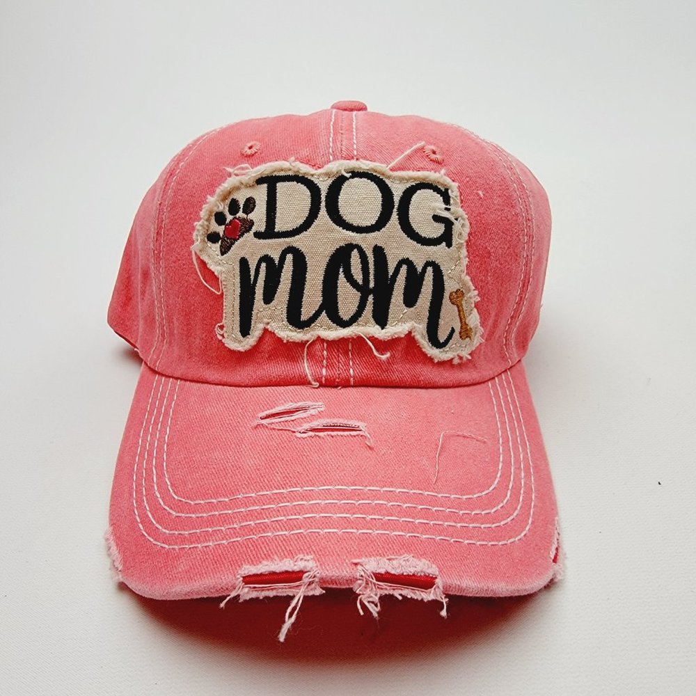 Dog Mom Distressed Relaxed Buckle Strap Full Cover Hat Cap Garment Washed Orange